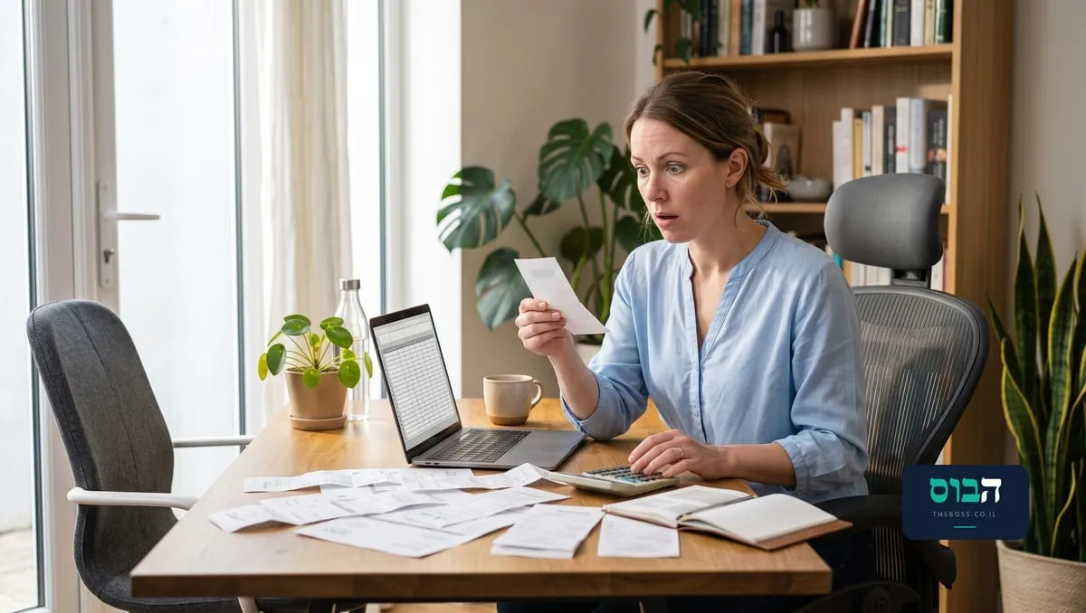 בעלת עסק מופתעת בודקת ערימת קבלות וחשבוניות פרושות על שולחן, לצד מחשבון ומחשב נייד