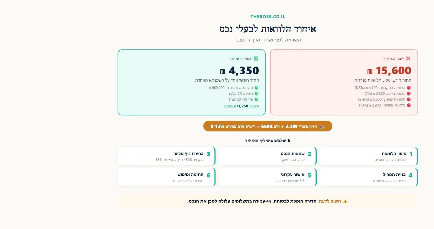 אינפוגרפיקה: השוואה לפני ואחרי איחוד הלוואות לבעלי נכס בישראל - 15,600 ₪ לחודש מול 4,350 ₪