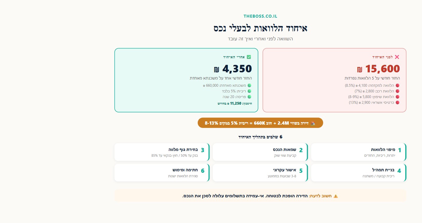 אינפוגרפיקה: השוואה לפני ואחרי איחוד הלוואות לבעלי נכס בישראל - 15,600 ₪ לחודש מול 4,350 ₪